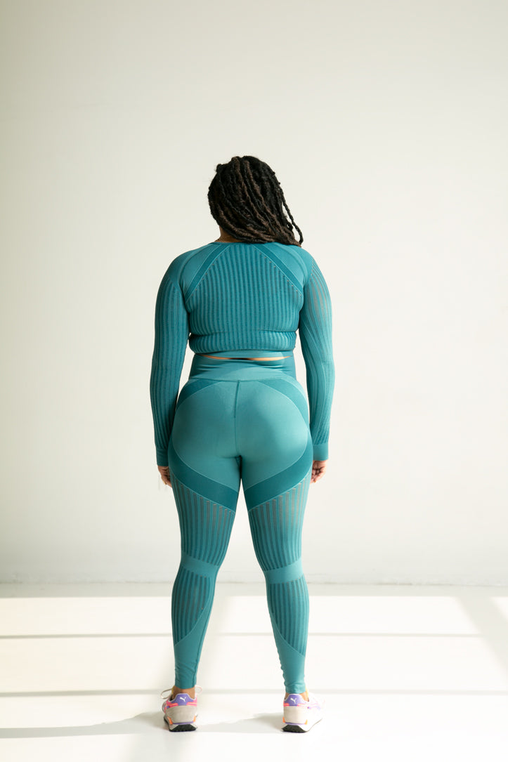 Turquoise Two Tone Knit Legging And Bralet Set